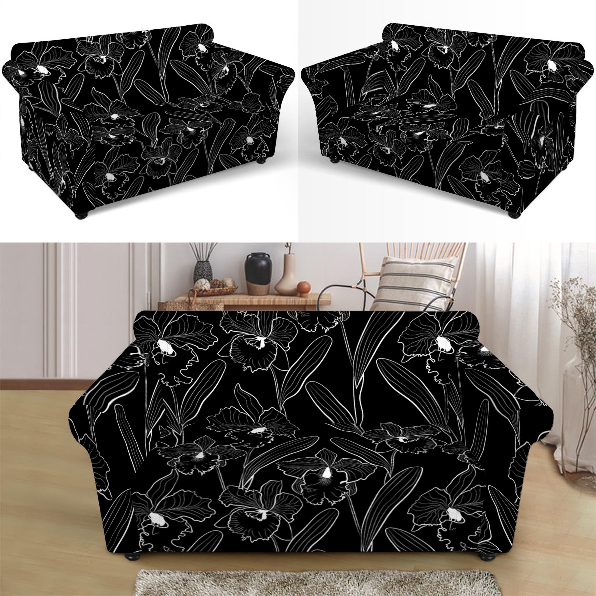 Black Cattleya Flower Pattern Print Loveseat Slipcover