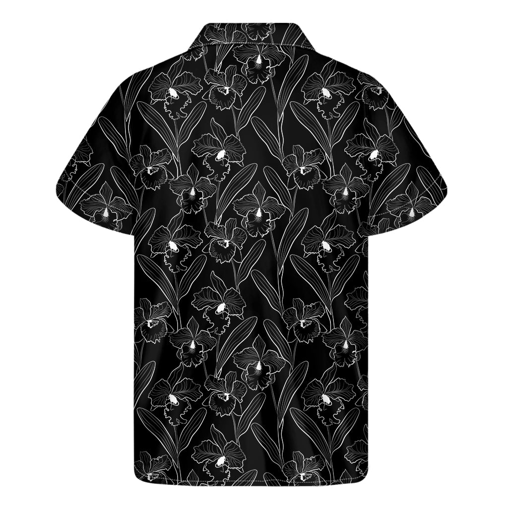 Black Cattleya Flower Pattern Print Men's Short Sleeve Shirt