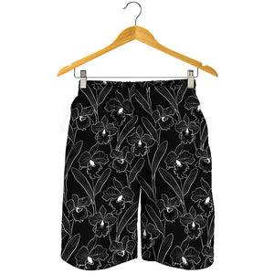 Black Cattleya Flower Pattern Print Men's Shorts