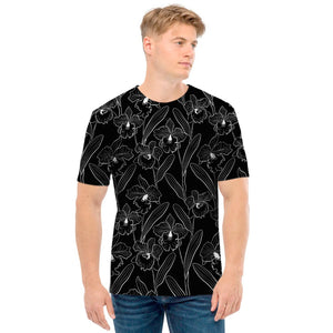 Black Cattleya Flower Pattern Print Men's T-Shirt