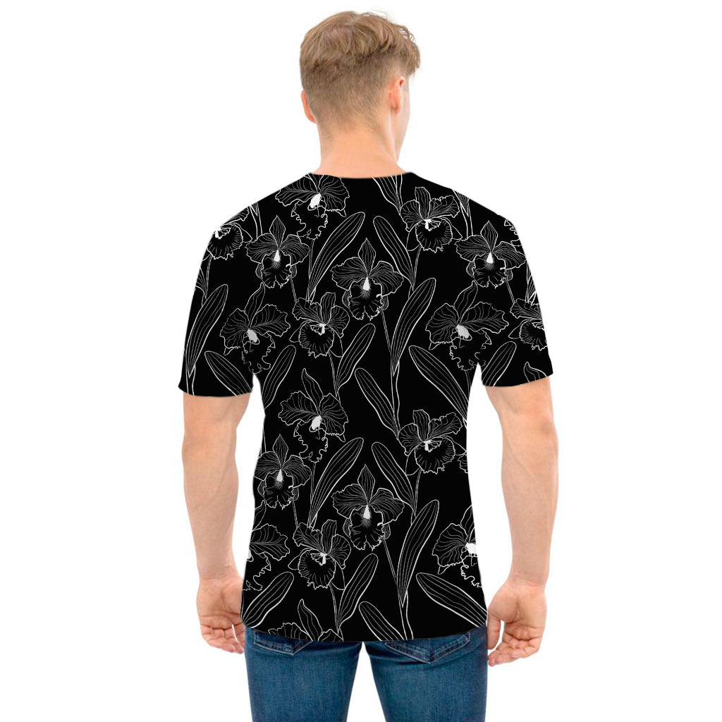 Black Cattleya Flower Pattern Print Men's T-Shirt