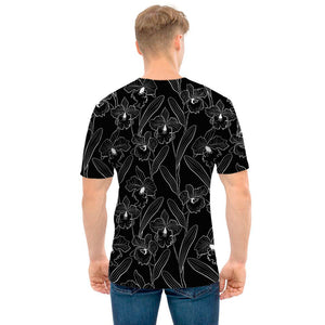 Black Cattleya Flower Pattern Print Men's T-Shirt