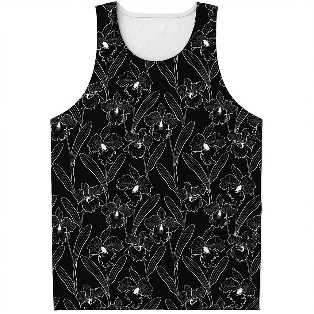 Black Cattleya Flower Pattern Print Men's Tank Top