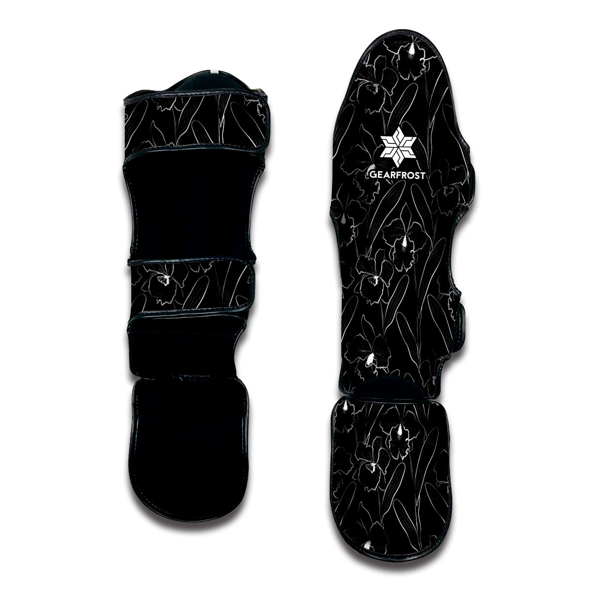 Black Cattleya Flower Pattern Print Muay Thai Shin Guard