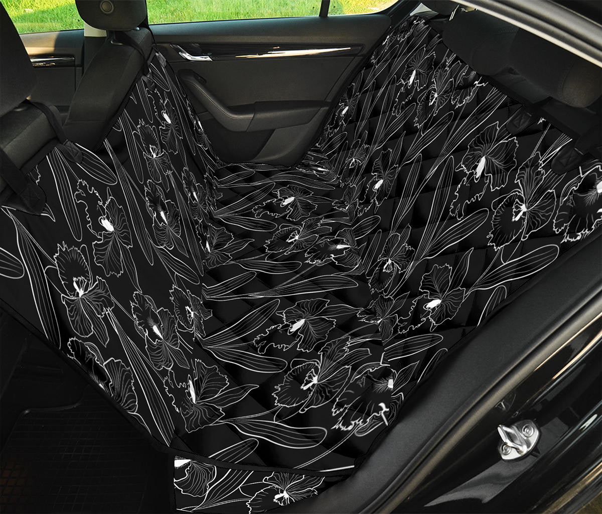 Black Cattleya Flower Pattern Print Pet Car Back Seat Cover