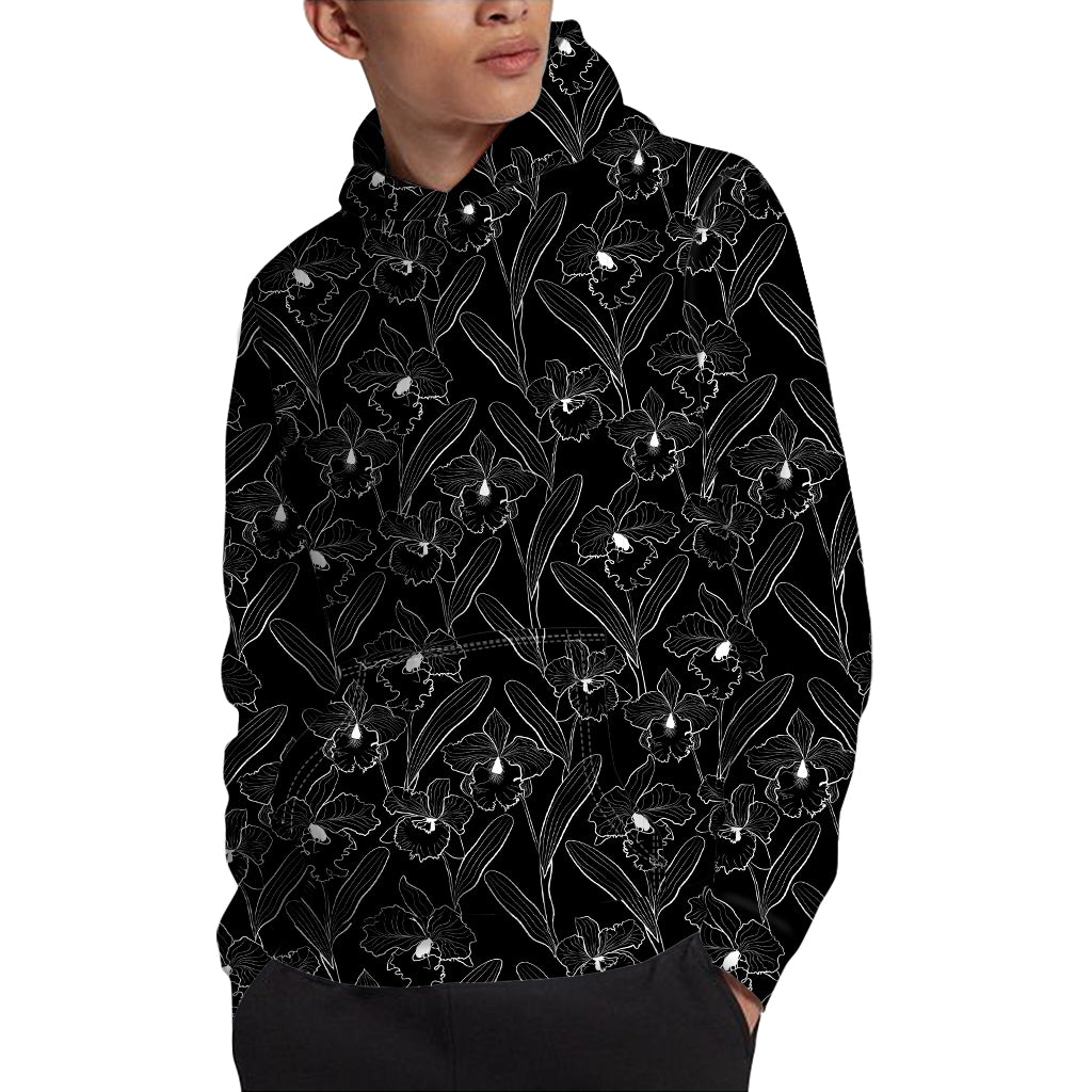 Black Cattleya Flower Pattern Print Pullover Hoodie