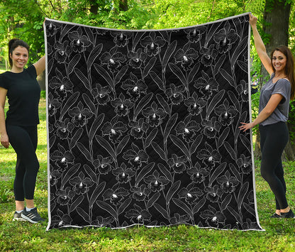 Black Cattleya Flower Pattern Print Quilt