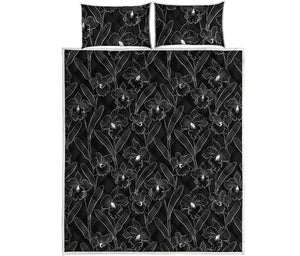 Black Cattleya Flower Pattern Print Quilt Bed Set