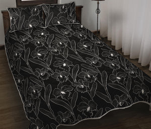 Black Cattleya Flower Pattern Print Quilt Bed Set