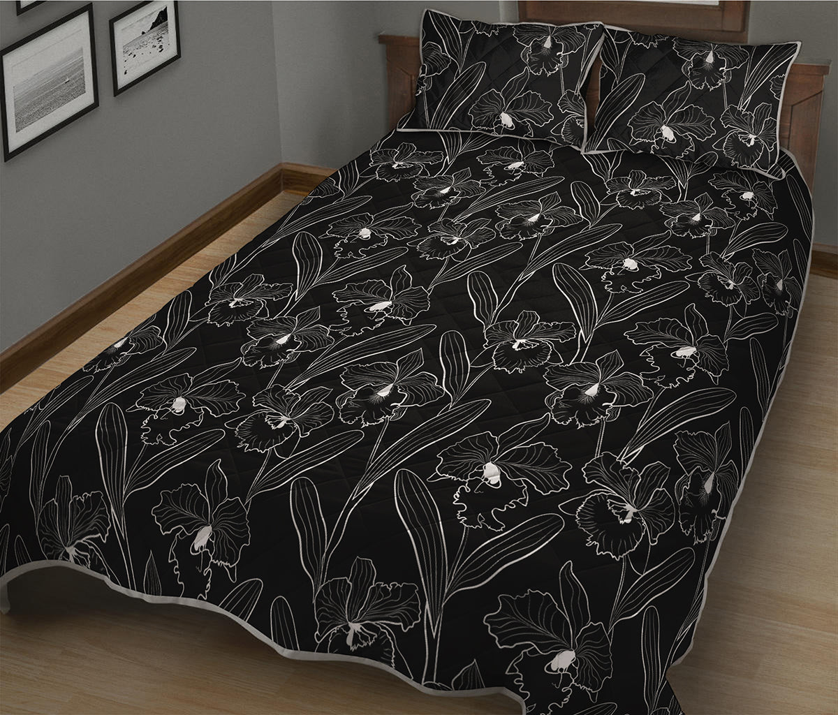 Black Cattleya Flower Pattern Print Quilt Bed Set