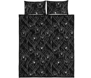 Black Cattleya Flower Pattern Print Quilt Bed Set