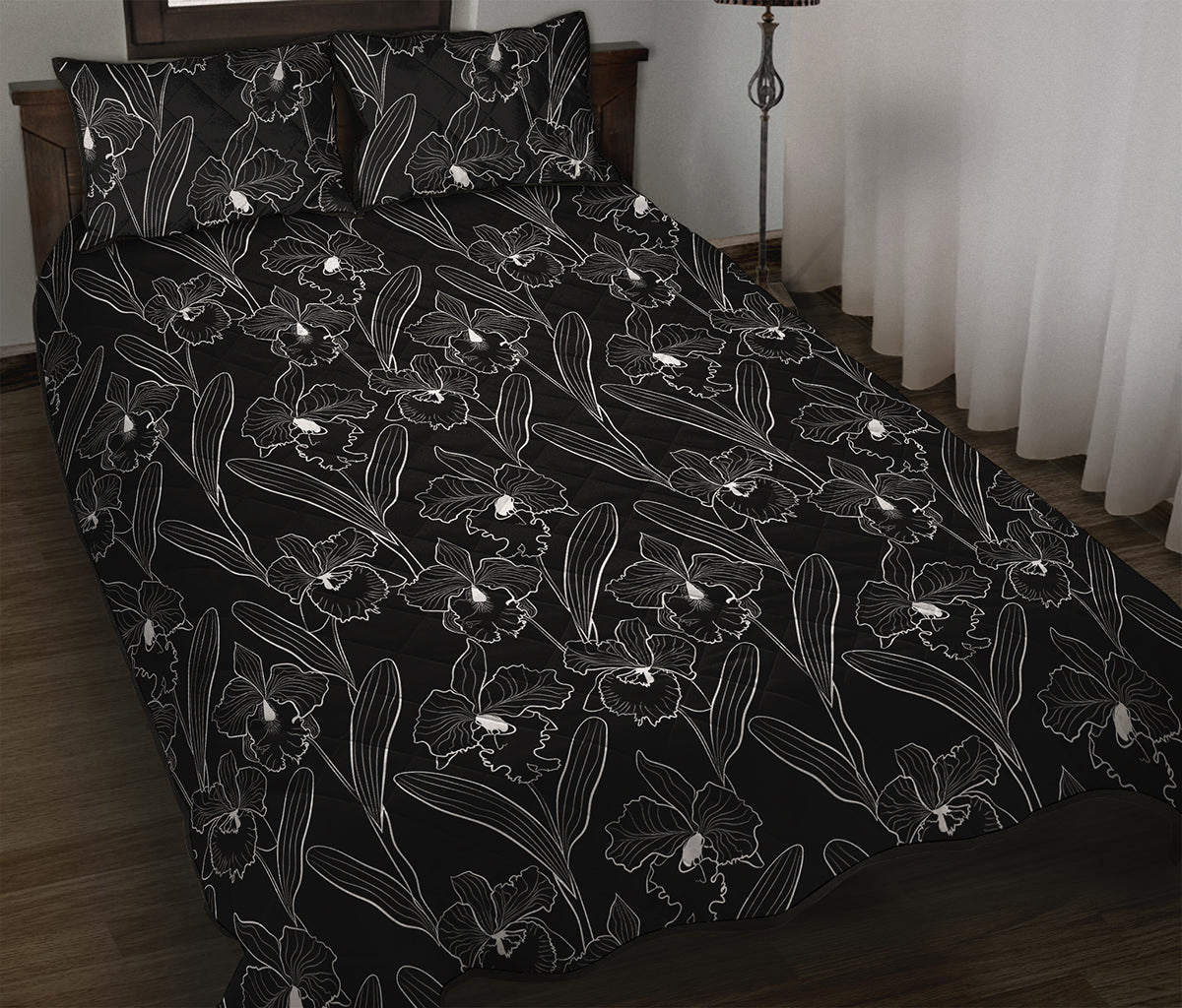 Black Cattleya Flower Pattern Print Quilt Bed Set