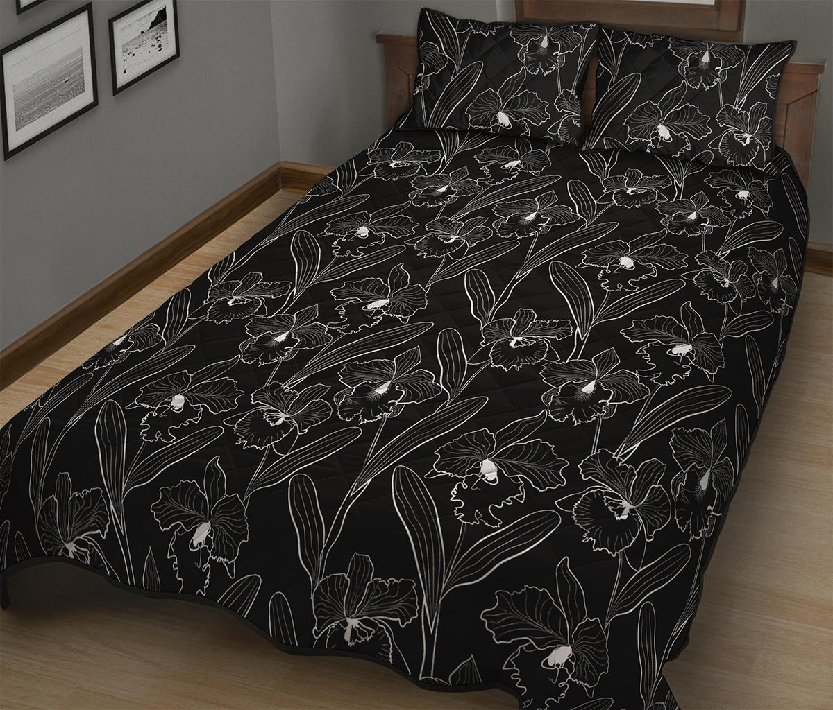 Black Cattleya Flower Pattern Print Quilt Bed Set