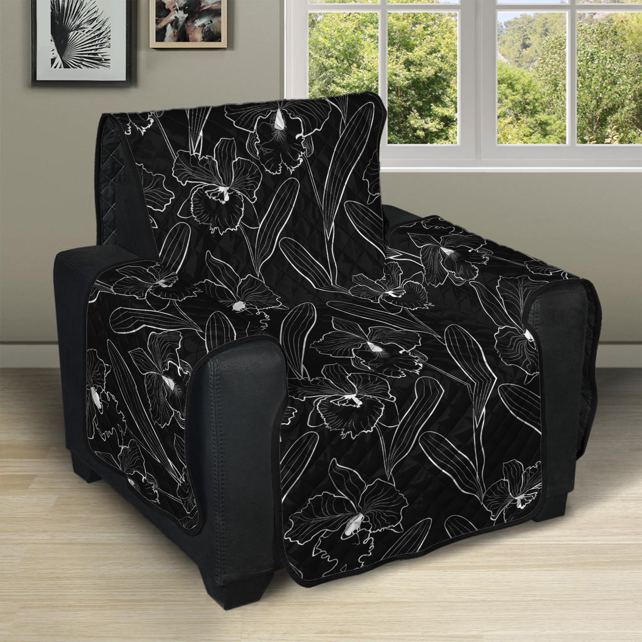 Black Cattleya Flower Pattern Print Recliner Protector