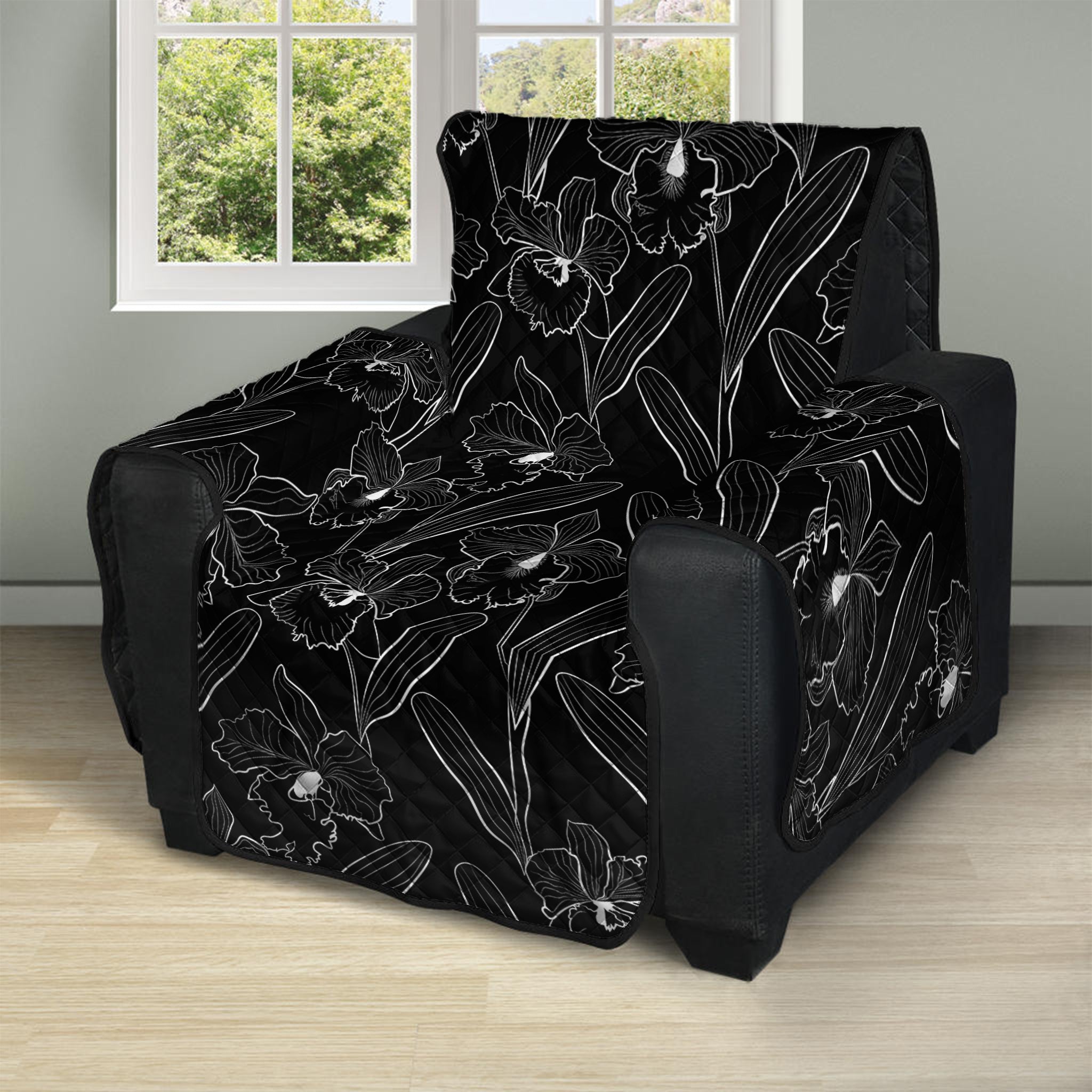 Black Cattleya Flower Pattern Print Recliner Protector