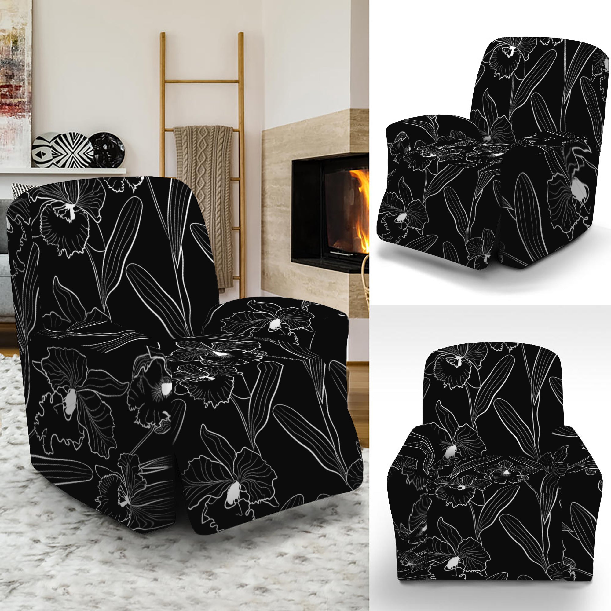 Black Cattleya Flower Pattern Print Recliner Slipcover