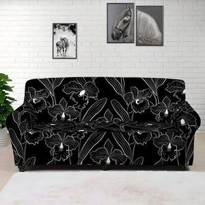 Black Cattleya Flower Pattern Print Sofa Cover