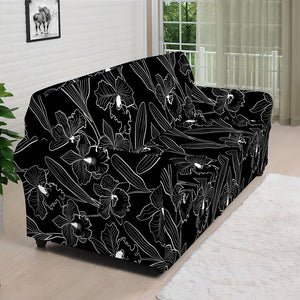 Black Cattleya Flower Pattern Print Sofa Cover