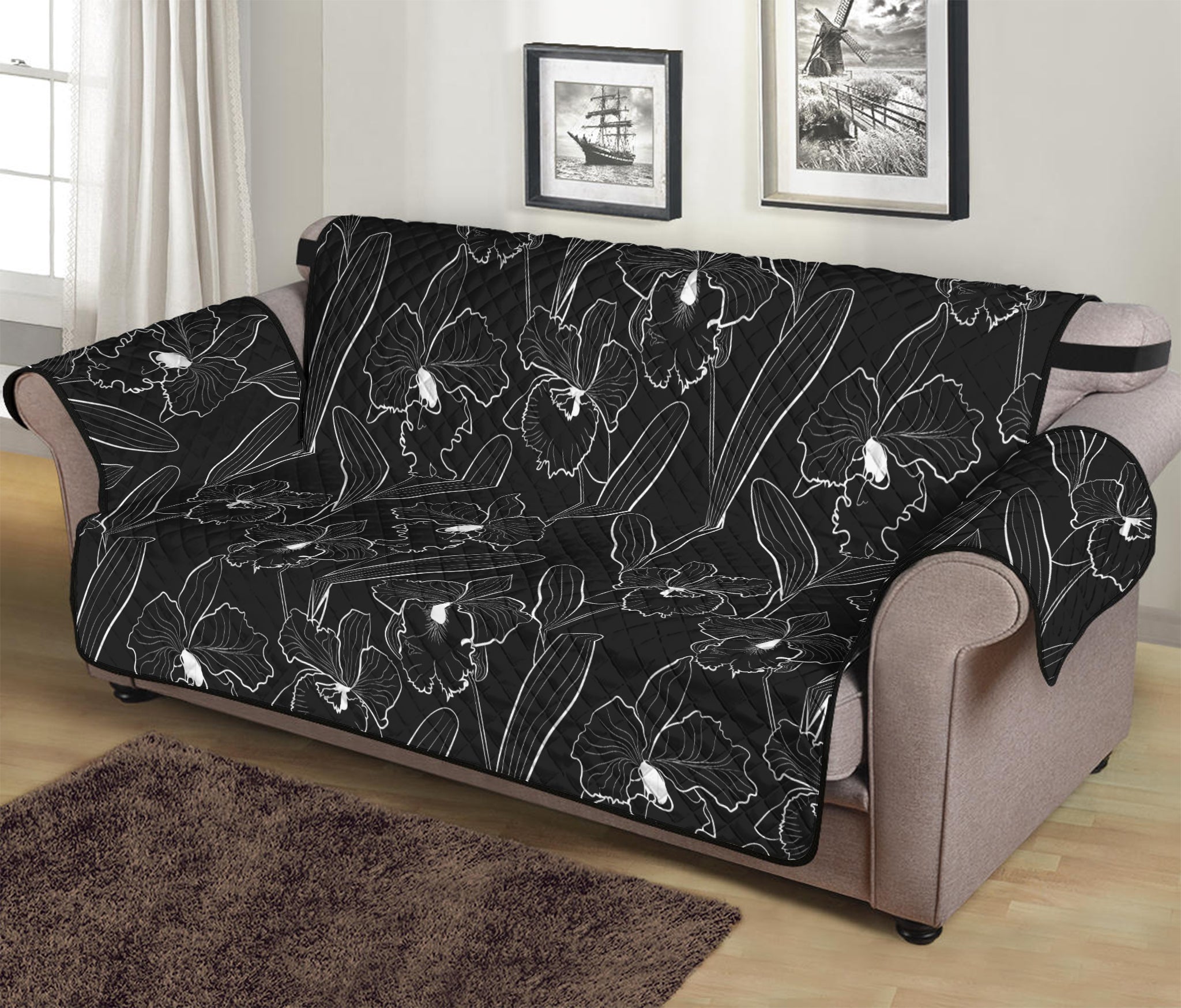 Black Cattleya Flower Pattern Print Sofa Protector