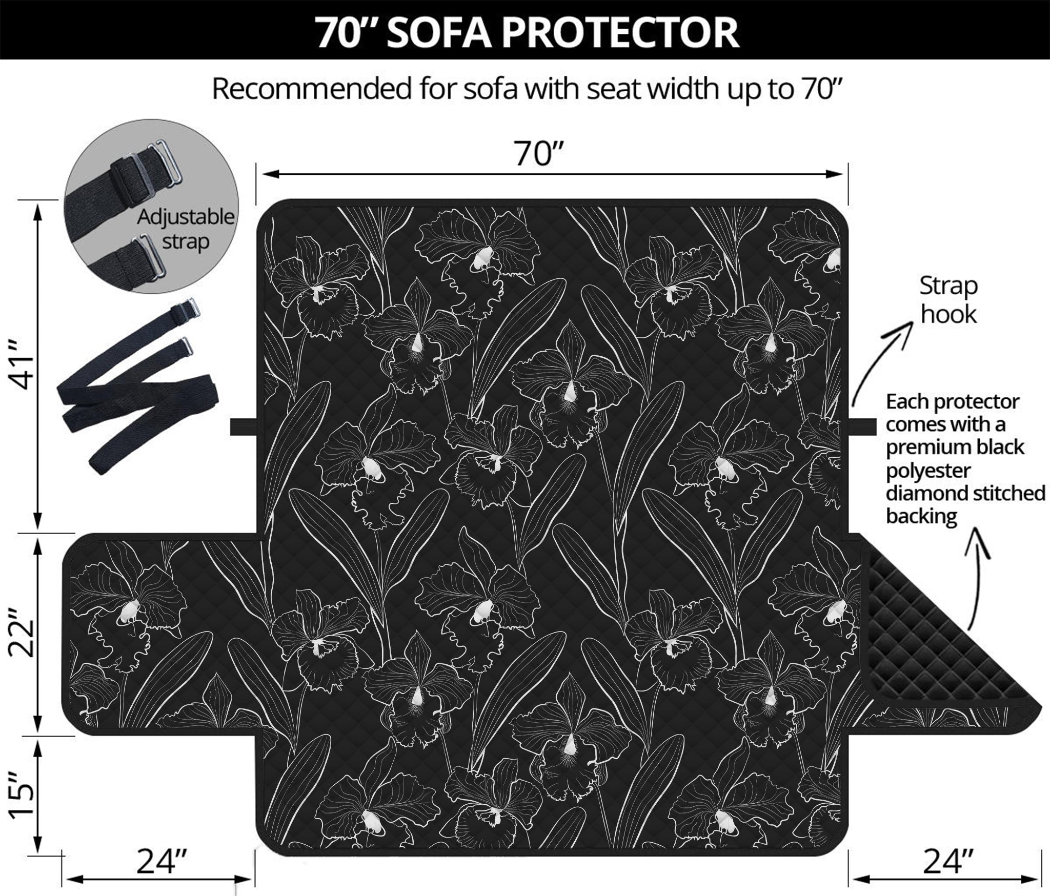 Black Cattleya Flower Pattern Print Sofa Protector