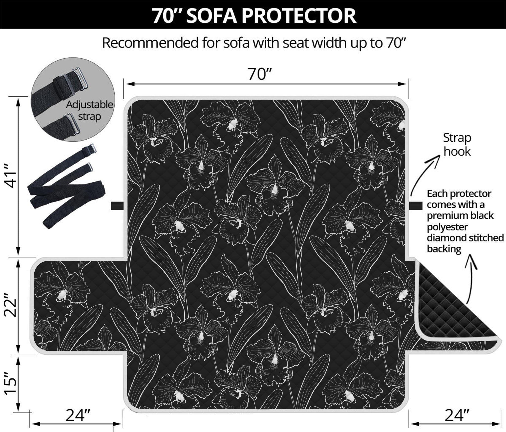 Black Cattleya Flower Pattern Print Sofa Protector