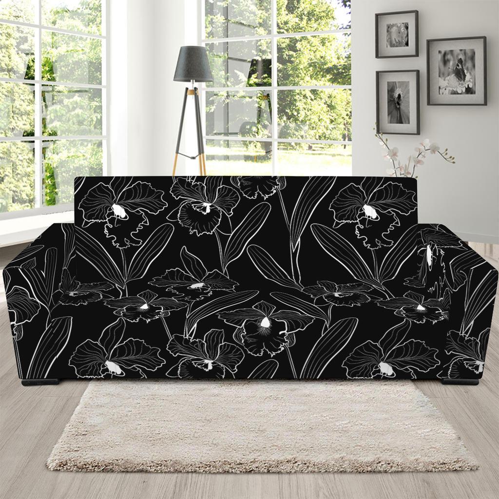 Black Cattleya Flower Pattern Print Sofa Slipcover