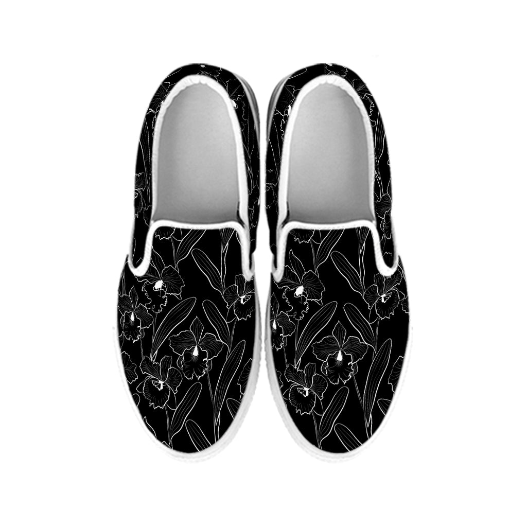 Black Cattleya Flower Pattern Print White Slip On Shoes