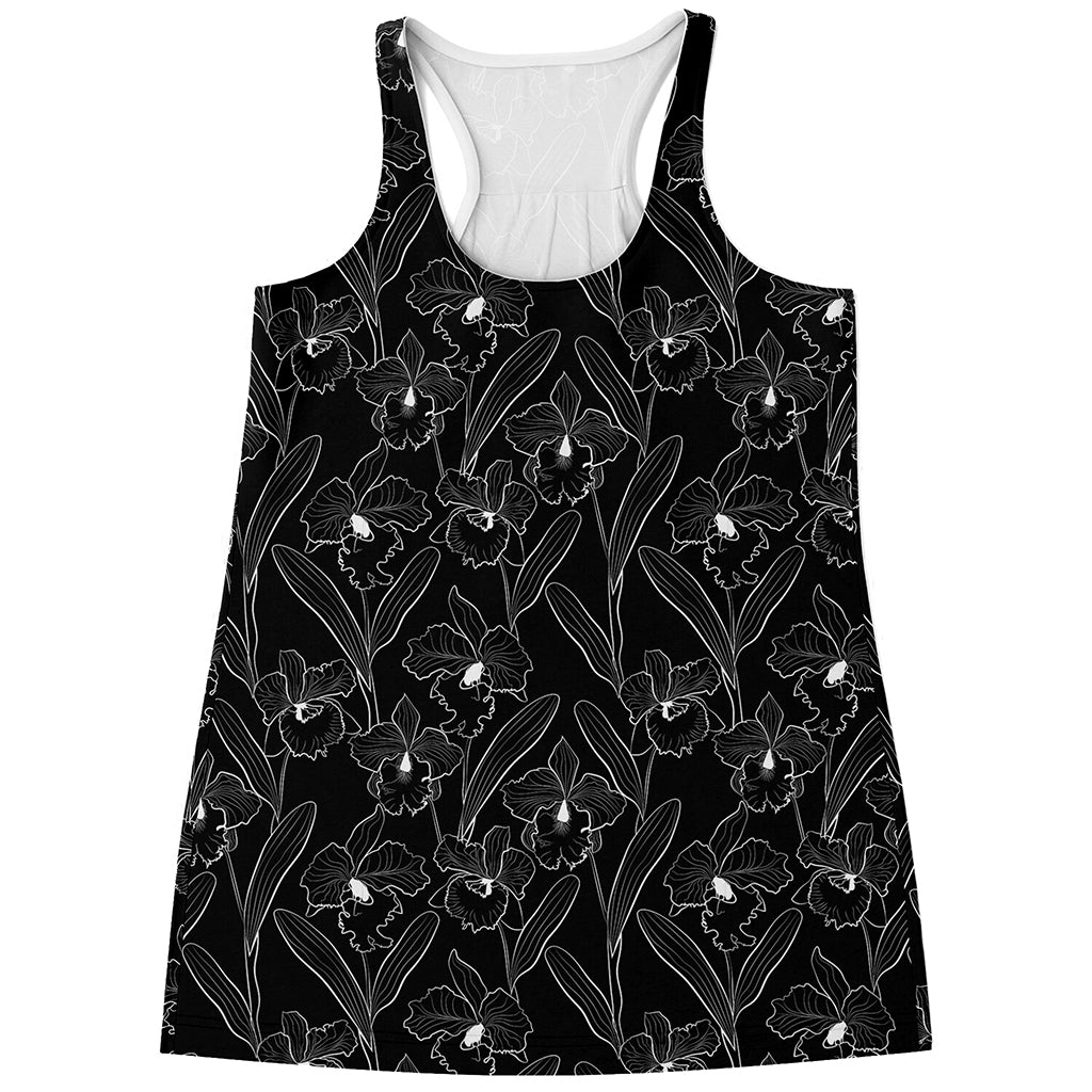 Black Cattleya Flower Pattern Print Women's Racerback Tank Top