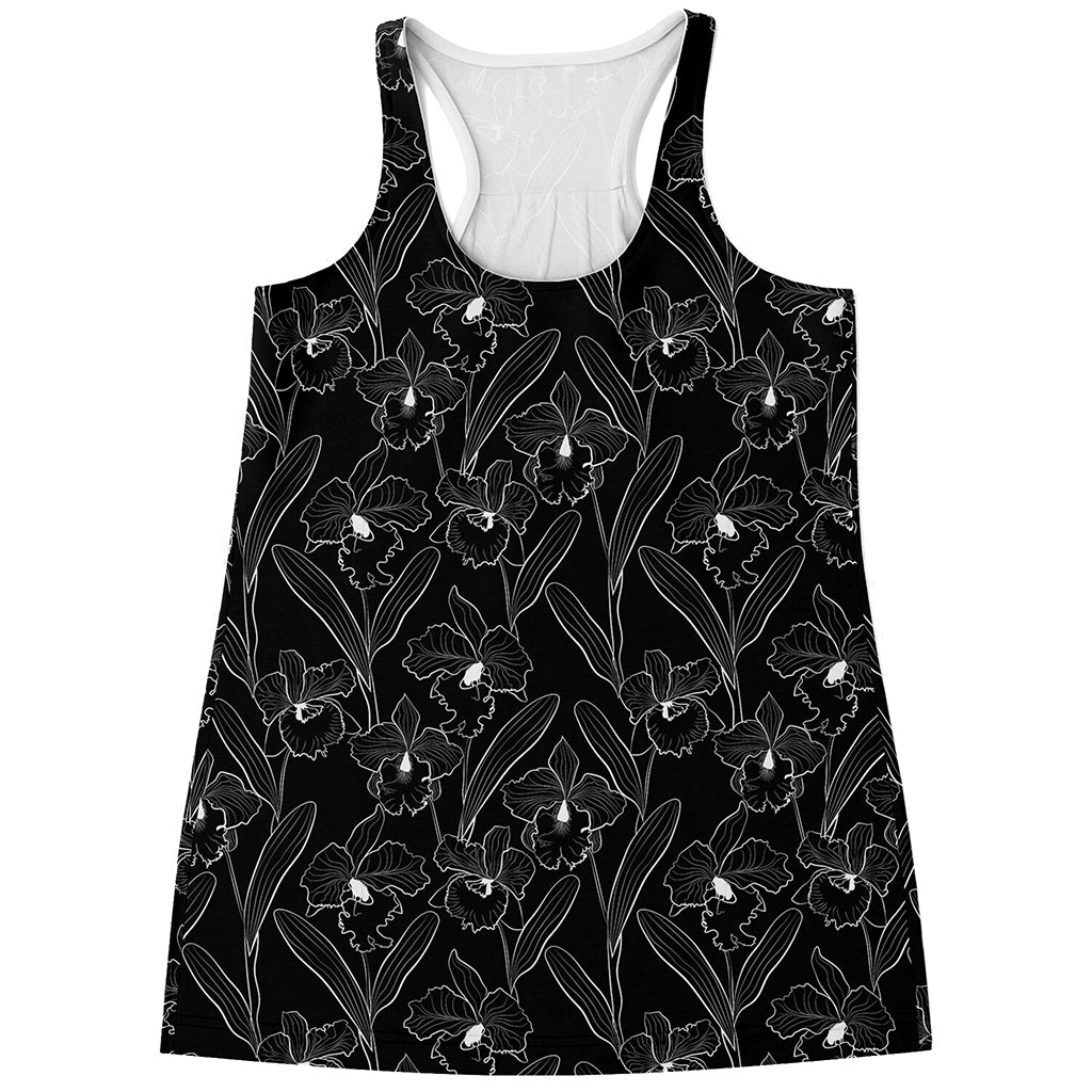 Black Cattleya Flower Pattern Print Women's Racerback Tank Top