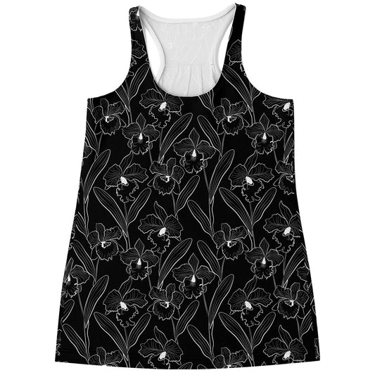 Black Cattleya Flower Pattern Print Women's Racerback Tank Top