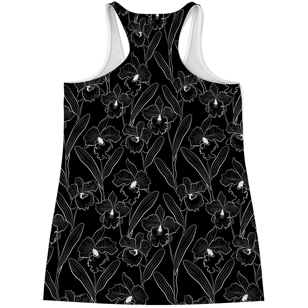 Black Cattleya Flower Pattern Print Women's Racerback Tank Top