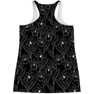 Black Cattleya Flower Pattern Print Women's Racerback Tank Top