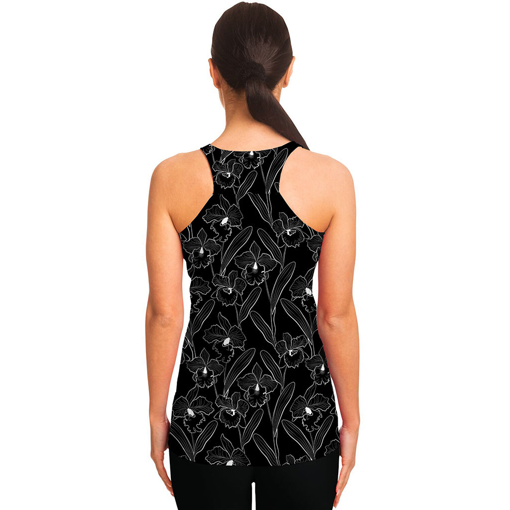 Black Cattleya Flower Pattern Print Women's Racerback Tank Top