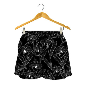 Black Cattleya Flower Pattern Print Women's Shorts