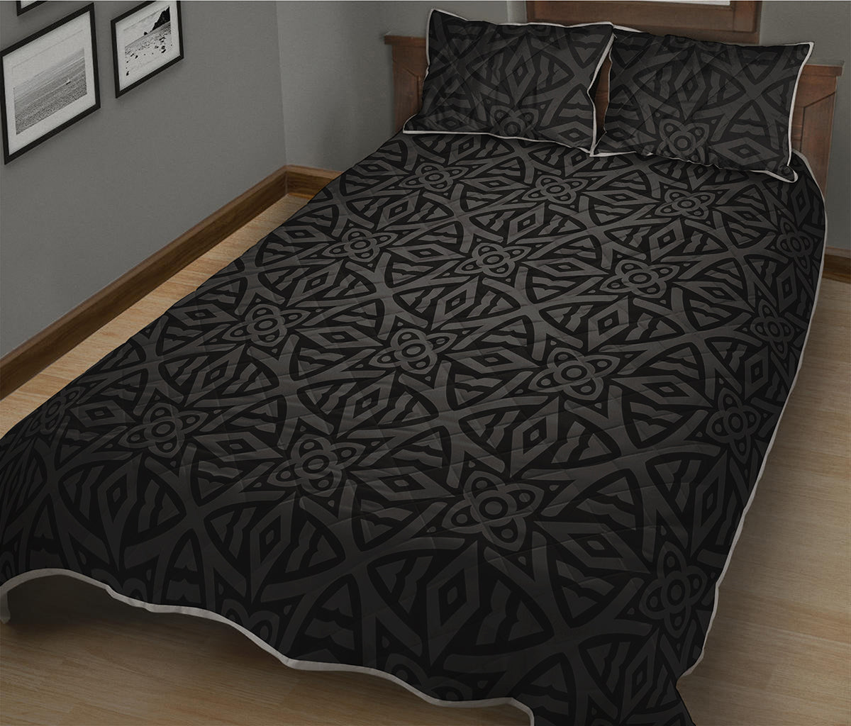 Black Celtic Symbol Pattern Print Quilt Bed Set