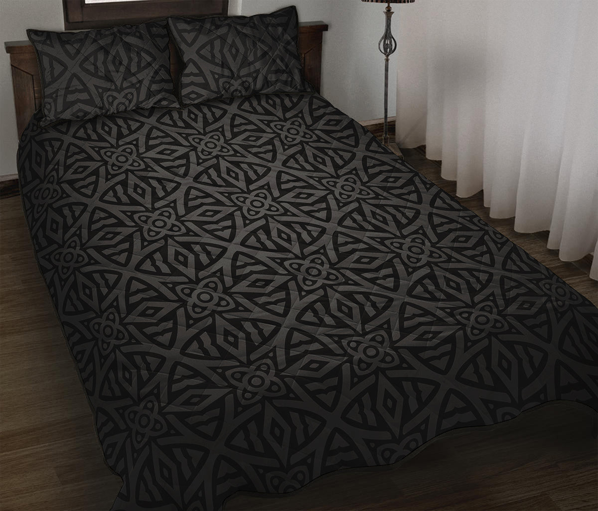 Black Celtic Symbol Pattern Print Quilt Bed Set