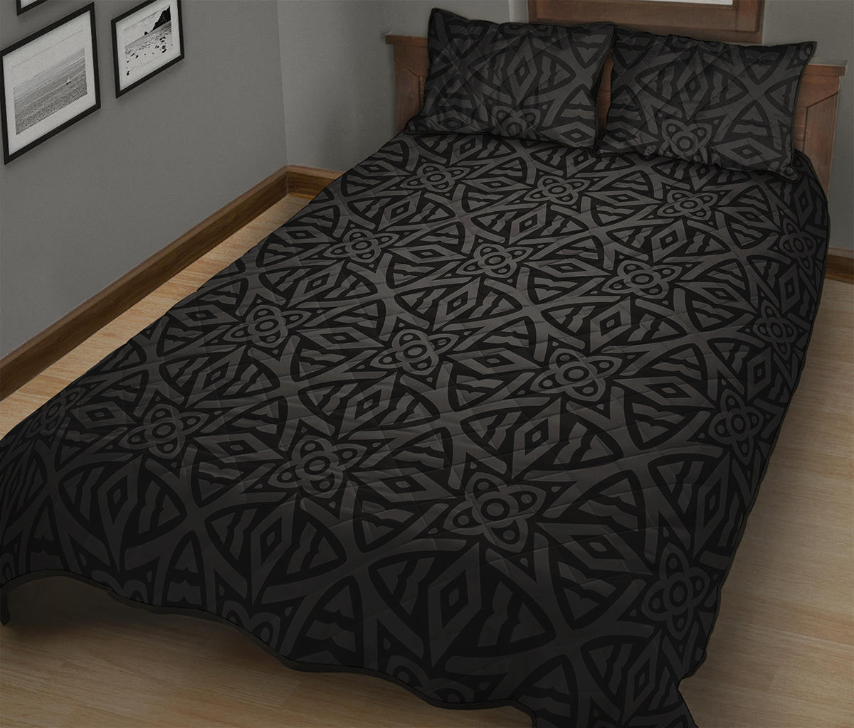 Black Celtic Symbol Pattern Print Quilt Bed Set