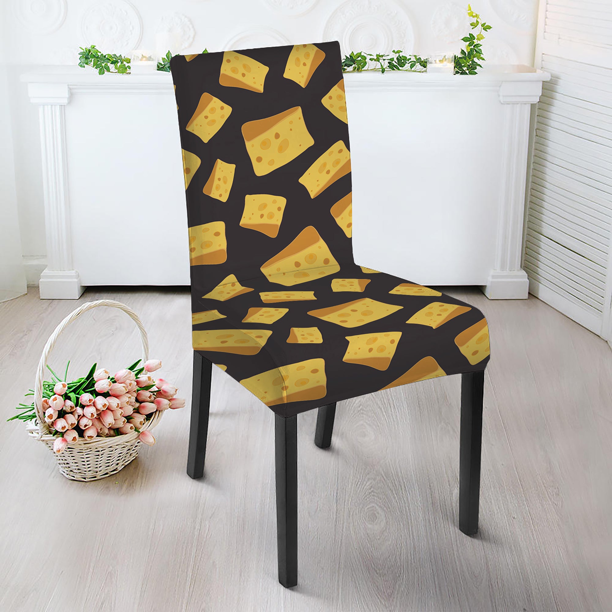 Black Cheese And Holes Pattern Print Dining Chair Slipcover