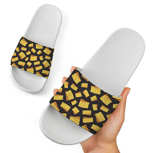 Black Cheese And Holes Pattern Print White Slide Sandals