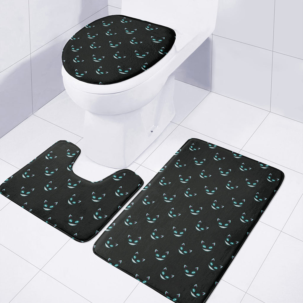 Black Cheshire Cat Pattern Print 3 Piece Bath Mat Set