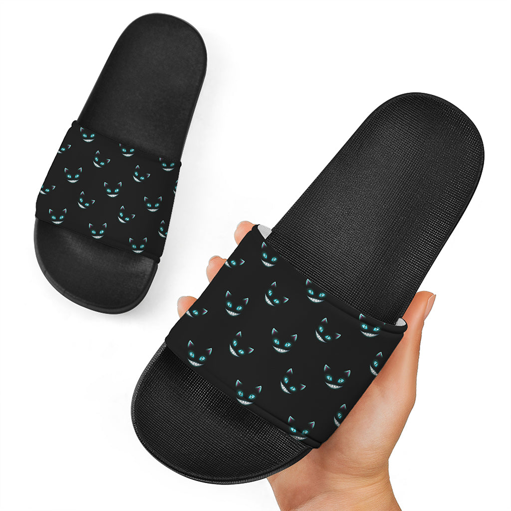Black Cheshire Cat Pattern Print Black Slide Sandals