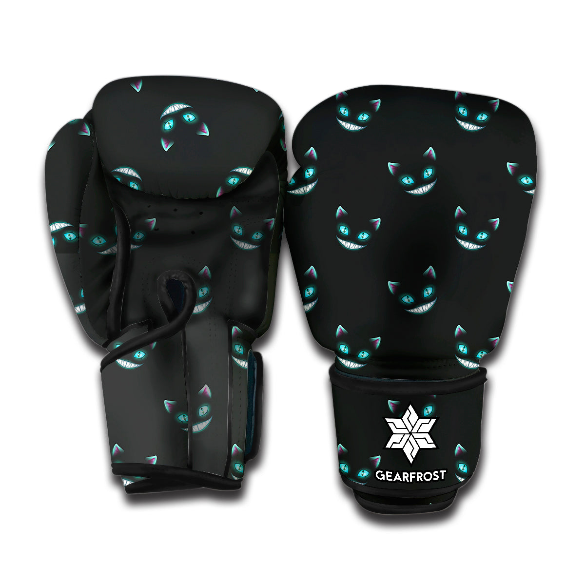 Black Cheshire Cat Pattern Print Boxing Gloves