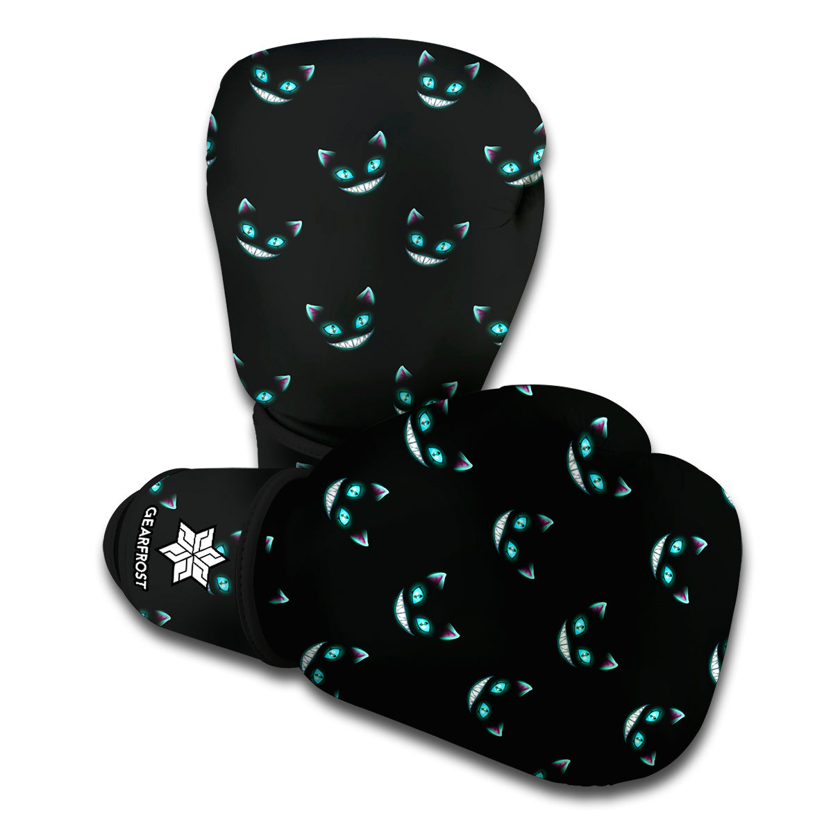 Black Cheshire Cat Pattern Print Boxing Gloves