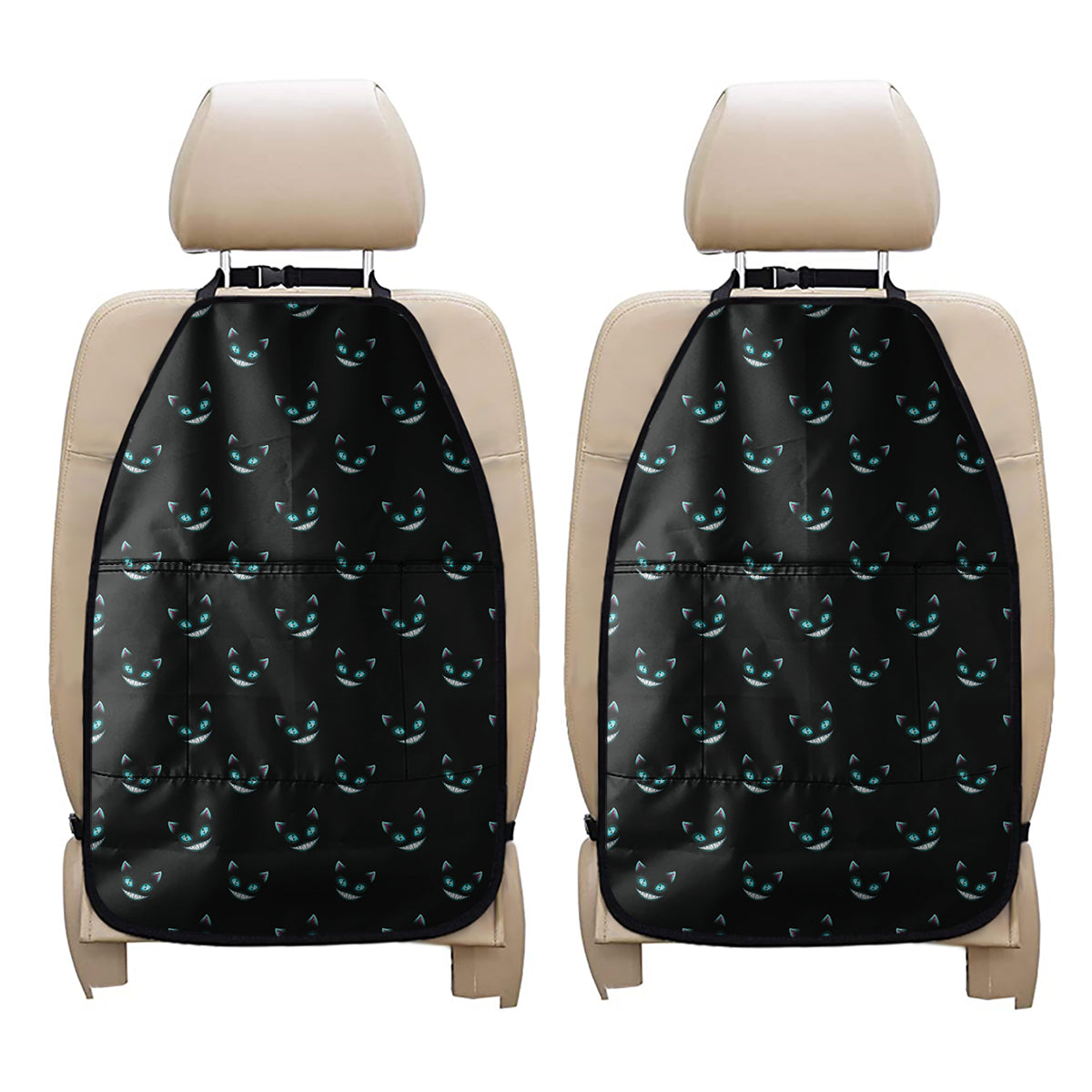 Black Cheshire Cat Pattern Print Car Seat Organizers