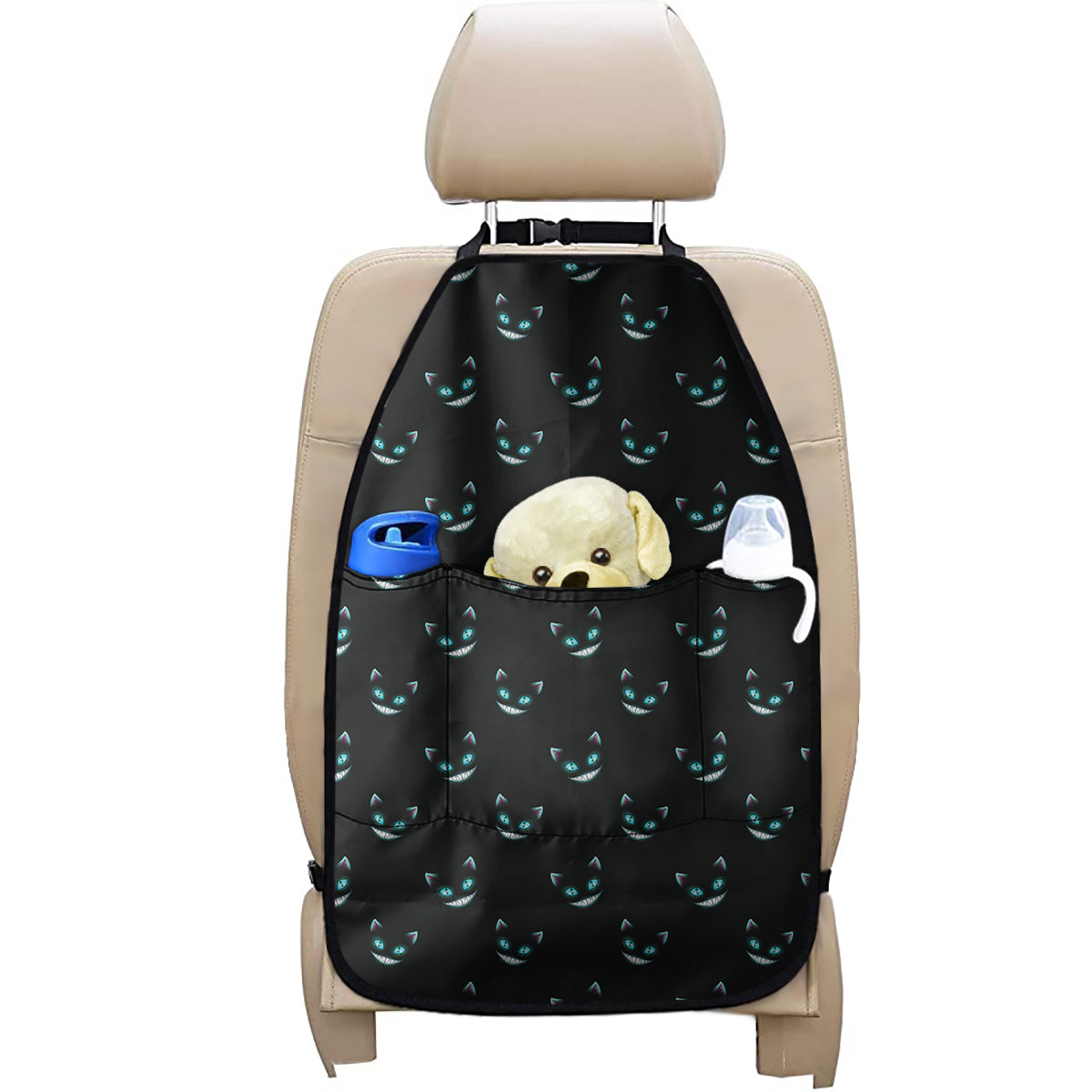 Black Cheshire Cat Pattern Print Car Seat Organizers