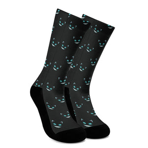 Black Cheshire Cat Pattern Print Crew Socks