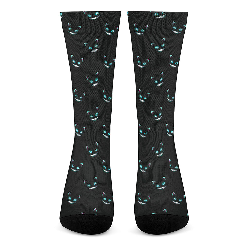 Black Cheshire Cat Pattern Print Crew Socks