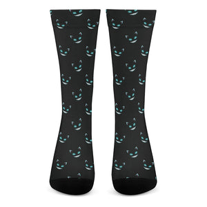 Black Cheshire Cat Pattern Print Crew Socks