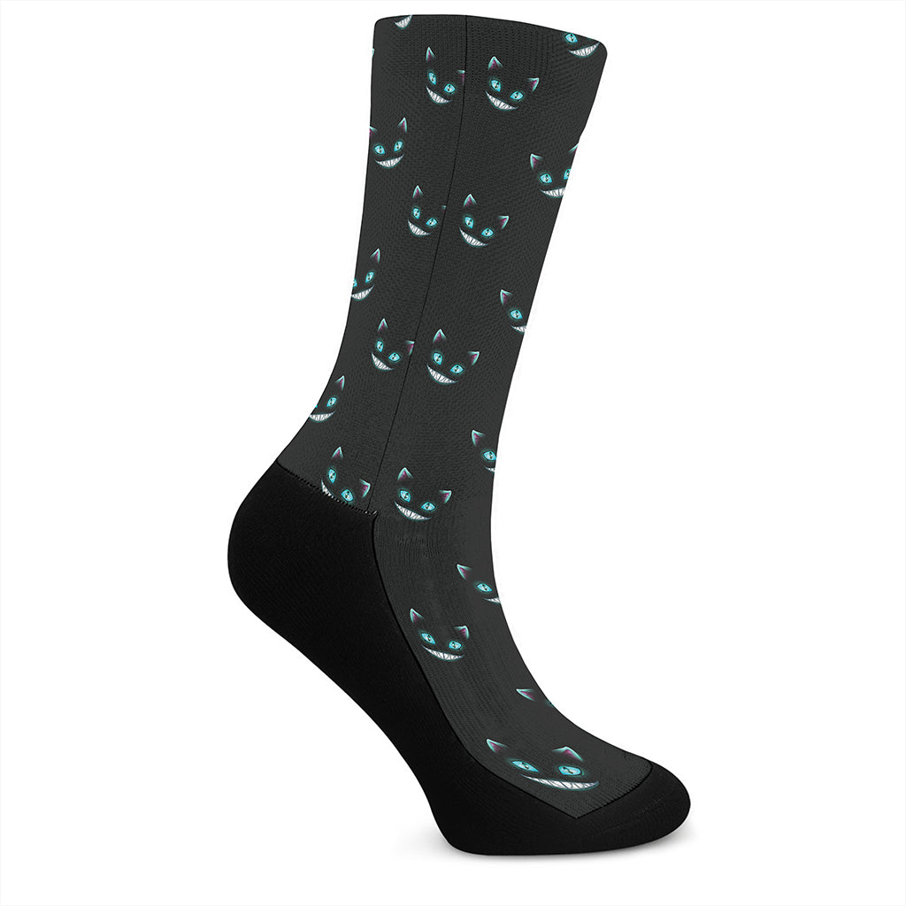 Black Cheshire Cat Pattern Print Crew Socks