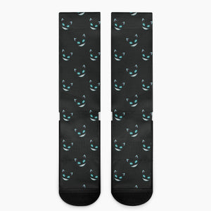 Black Cheshire Cat Pattern Print Crew Socks